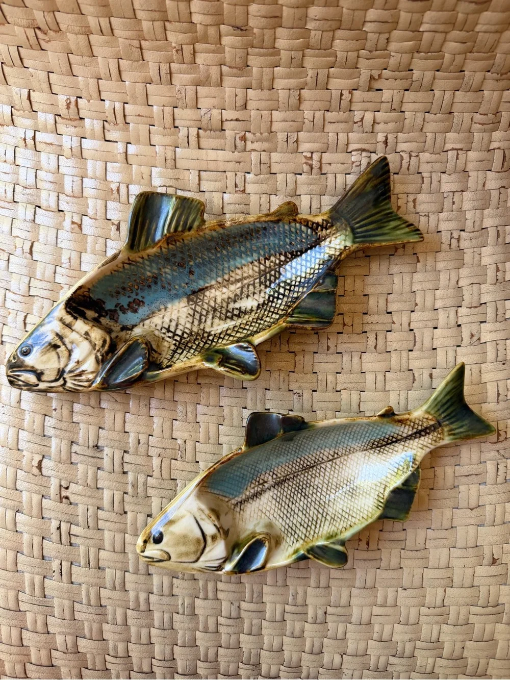 Ceramic Fish Decor Elongated Ceramic Bowl (2) in Olive Green/Gold Portugal